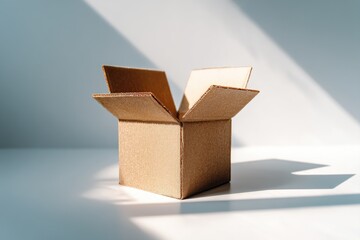 Open cardboard box, sunlight casts shadows on white surface.  Content inside empty, awaiting delivery or use