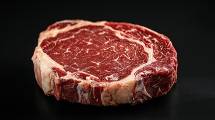 Raw ribeye steak on black background.