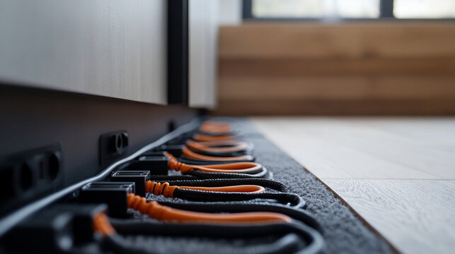 Underfloor heating cables installed in a modern kitchen.  Orange cables, black connectors, and white electrical outlets are neatly arranged beneath the cabinetry