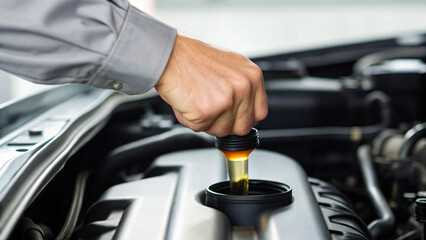 Fototapeta premium Close-Up of Hand Checking Engine Oil Level with Dipstick in Car Maintenance Process