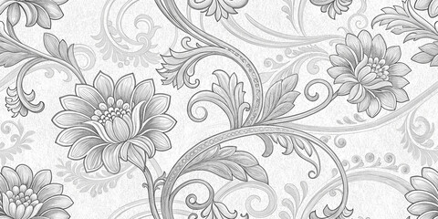Elegant Monochrome Floral Damask Pattern Seamless Design
