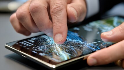 A person"s hand using a touchscreen tablet, zooming in on a digital map with detailed graphics.