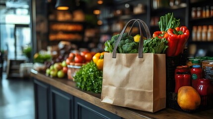A paper bag overflowing with fresh, vibrant produce at a local grocery store.
