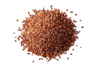 Pile of red rice grains, scattered slightly.  Small, whole grains of a deep reddish-brown hue,  arranged in a mound
