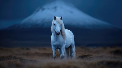 Fototapeta premium Majestic white horse in a dramatic landscape. A stunning, white Icelandic horse stands in a field of dry grass, against a backdrop of a snow-capped mountain range at twilight. The horse's long,