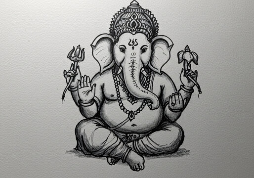 seated ganesha sketch, black and white, hindu god clip art preview