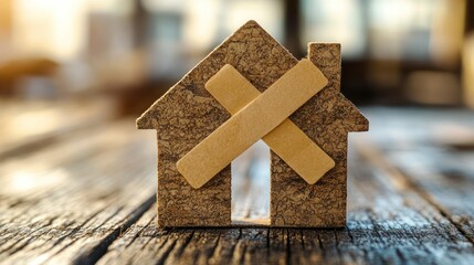 A miniature house model,  its roof and structure covered with crossed-over pieces of craft paper, symbolizing a problem or repair