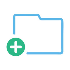 Fototapeta premium Bright blue outlined folder icon with a green plus sign, suggesting add new folder or data.
