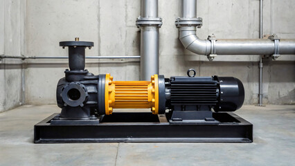 Fototapeta premium Industrial Pump and Motor System in Modern Factory with Grey Concrete Background