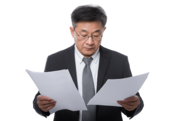 Focused man reviewing important documents isolated on white background