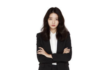 confident businesswoman with crossed arms stands professionally dressed in suit isolated on white background