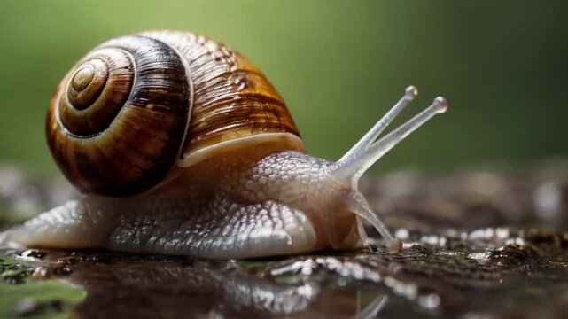 Macro shot of a garden snail with a brown spiral shell on a wet, textured surface