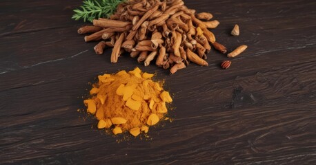 Dried turmeric, coriander, cinnamon on dark wood  , macro, table, cuisine