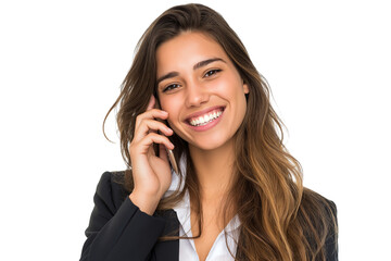 beautiful woman smiles while having conversation on her smartphone isolated on white background - obrazy, fototapety, plakaty