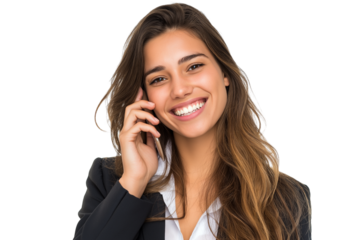beautiful woman smiles while having conversation on her smartphone isolated on white background