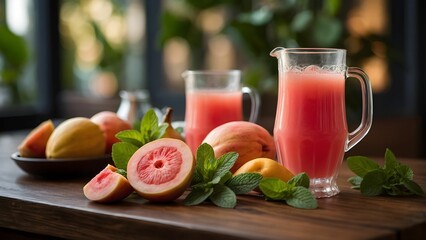 Refreshing guava juice served in glass pitchers with fresh guavas and mint leaves on a wooden table in a warm and inviting setting Generative AI