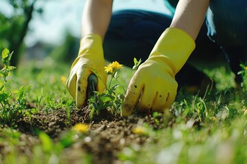 Close-up of hands in yellow gloves, meticulously removing weeds from garden bed, surrounded by flowers and grass