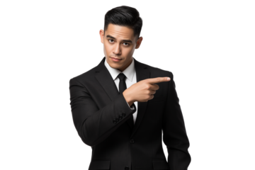 sophisticated man in suit confidently pointing towards the right isolated on white background