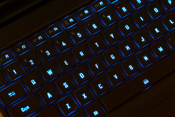 Illuminated RGB Keyboard of High-Performance Gaming Laptop. QWERTY.