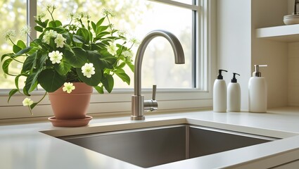 Close view on bright kitchen room interior with white wall
