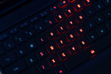 Illuminated RGB Keyboard of High-Performance Gaming Laptop. QWERTY.