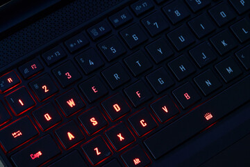 Illuminated RGB Keyboard of High-Performance Gaming Laptop. QWERTY.
