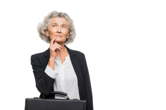 elderly woman deep in thought isolated on white background