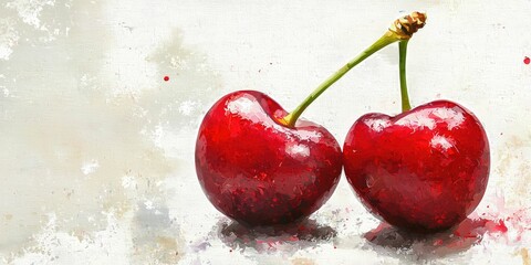 Two cherries with painterly oil-paint texture and visible brushstrokes, on transparent layer