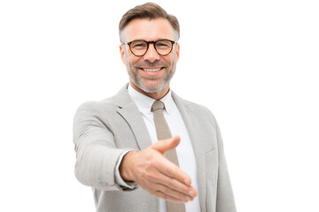 smiling businessman extends his hand for handshake isolated on white background