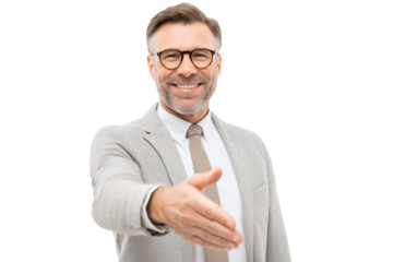 smiling businessman extends his hand for handshake isolated on white background