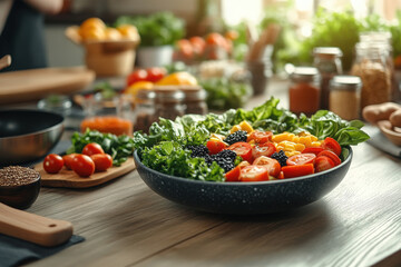 of fresh fruits and vegetables on wooden table vibrant smoothies and nutritious salads organic products in kitchen.
