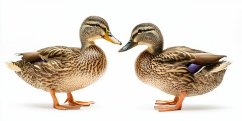 Two domestic ducks pecking at ground, white background, studio-lit.