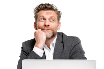 thoughtful businessman contemplating ideas while working on his laptop isolated on white background