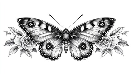Isolated on white flower butterfly with rose tattoo in fine line floral drawing style with elegant symmetrical composition