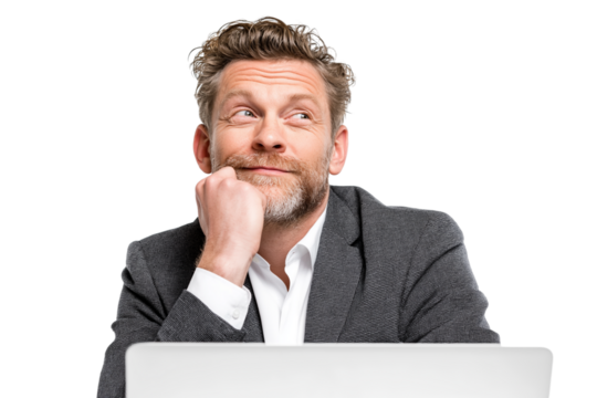 thoughtful businessman contemplating ideas while working on his laptop isolated on white background