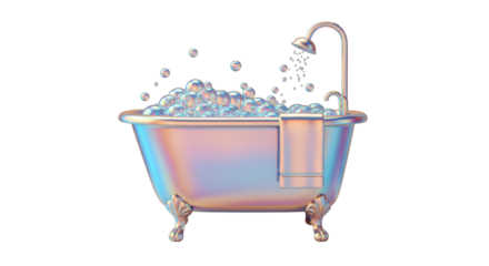 Isolated Luxurious Bathtub Overflowing with Bubbles and Chrome Fixtures