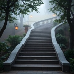 Spiral Stairs in Misty Foliage Garden Pathway with Lanterns - Tranquil Urban Retreat