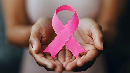 Hands cradling pink ribbon for breast cancer awareness and support
