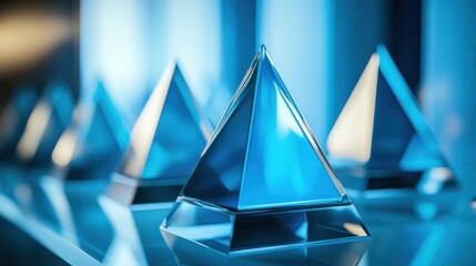 Blue glass pyramids arranged on a reflective surface.