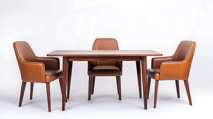 A brown leather chair is sitting in front of a wooden table