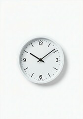 A white wall clock with black hands and numbers centered on a clean white background, displaying time. Representation of punctuality, schedule, and countdown.