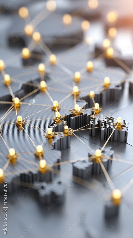 Poster global network connection on 3d map close-up abstract visualization of data transfer and communicati