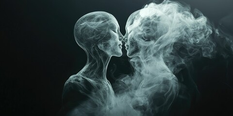 Two ethereal smoke figures entwined in a passionate salsa dance, their wispy forms swirling gracefully against a dark background.