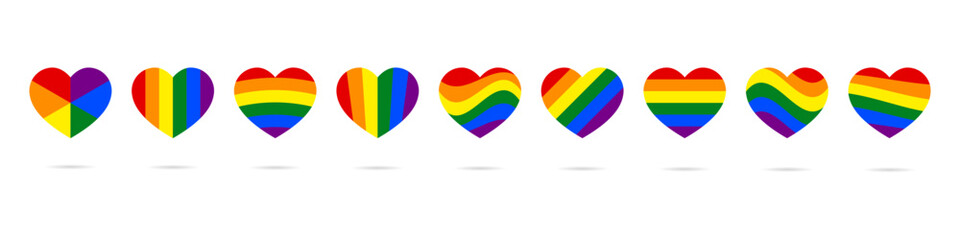 Pride LGBT heart vector icon set. Collection of Color rainbow flag. Vector illustration