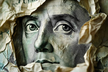Dollar bill portrait concealed within crumpled paper.