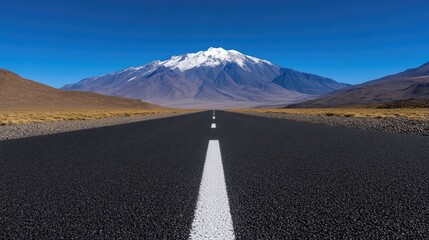 Empty asphalt road stretching to a snow-capped mountain