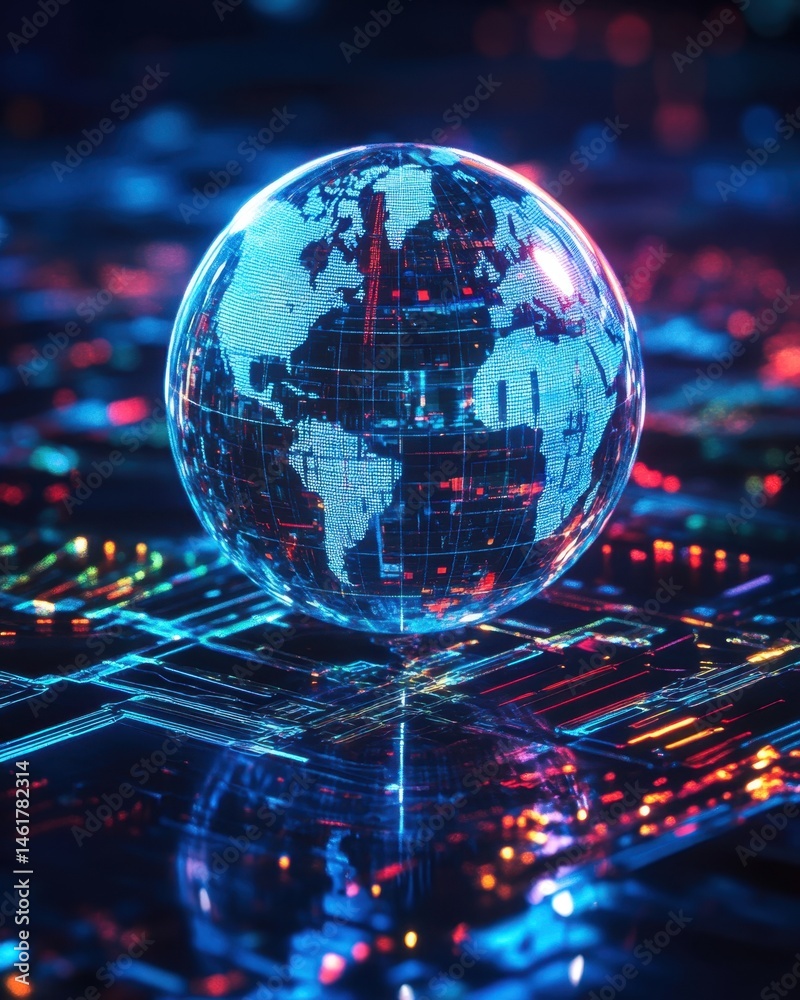 Poster digital globe hovering above circuit board close up shot futuristic technology global network connec