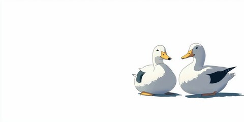 Fototapeta premium Two relaxed ducks sitting down together, clean shadowed white space.