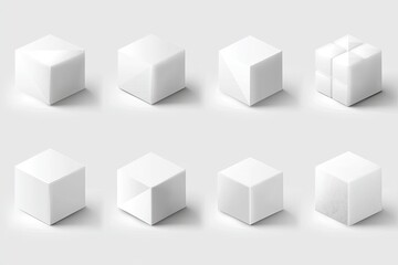 Collection of white 3D cubes with various angles and textures.  Different perspectives and light effects showcase the forms