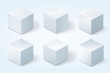 Obraz premium Six 3D white cubes with varying perspectives, displaying light and shadow effects to create depth and dimension. Each cube is presented in an isometric view, offering a clear visual of its form